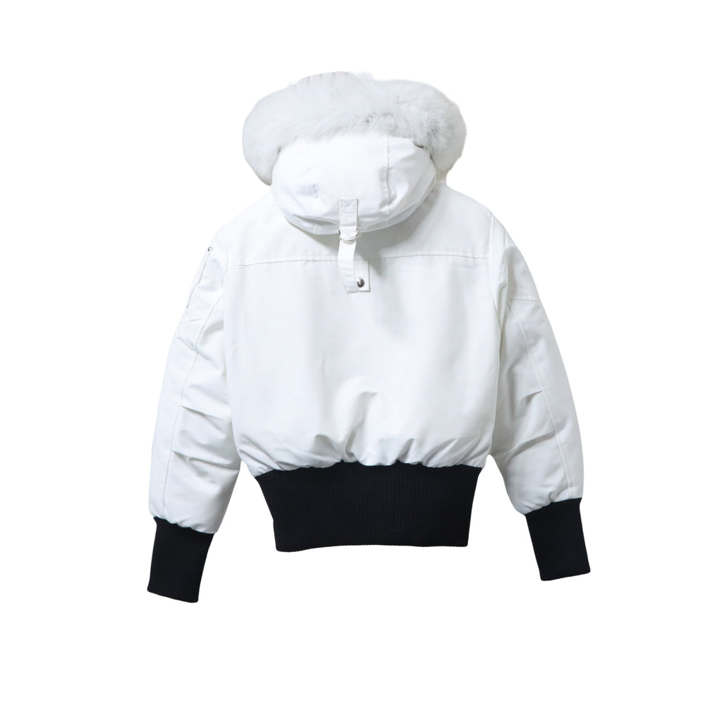 Moose Knuckles White and Black Pom-Pom Hooded Bomber Jacket