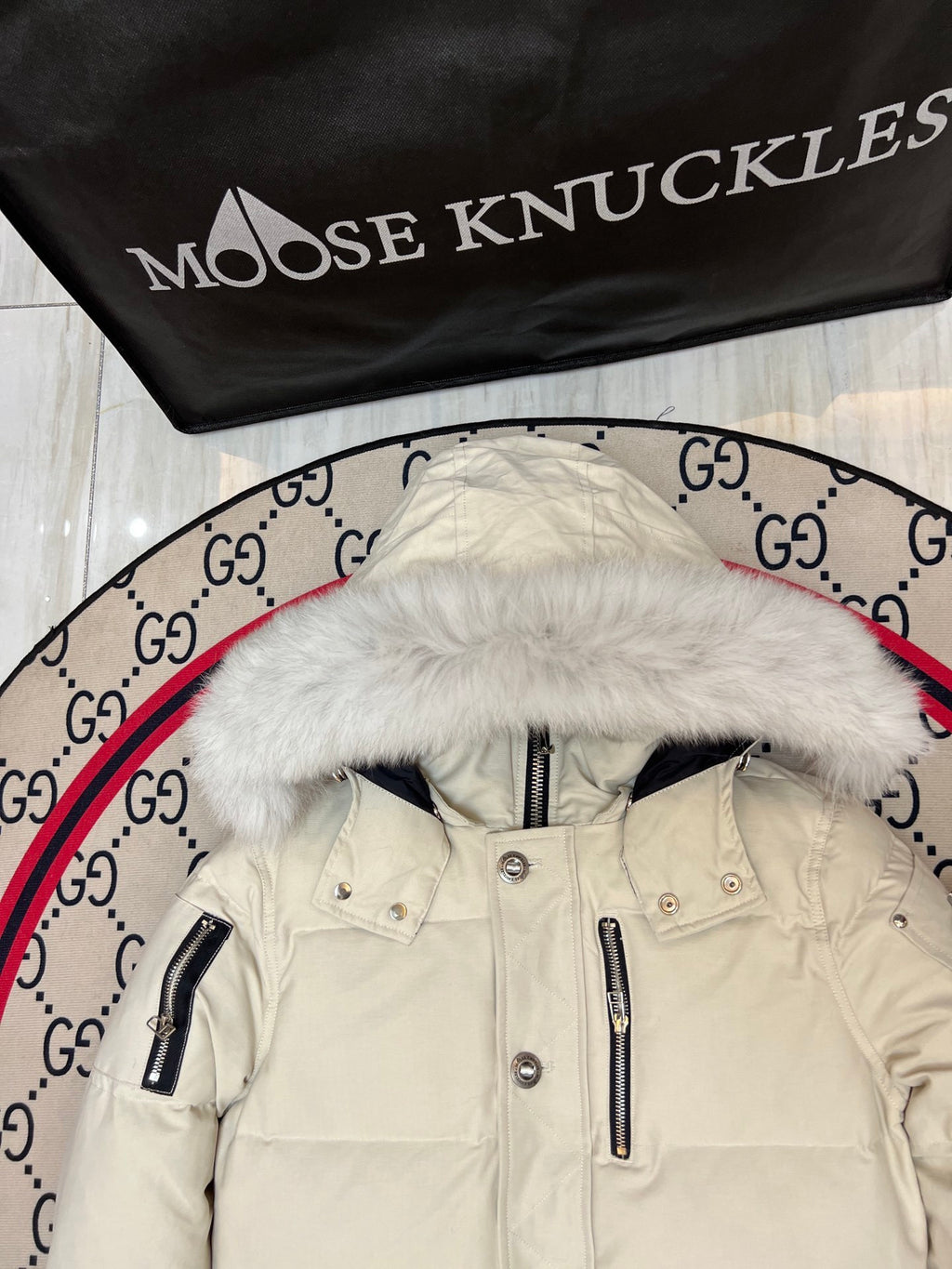 Moose Knuckles Ivory Fur-Trim Hooded Puffer Jacket