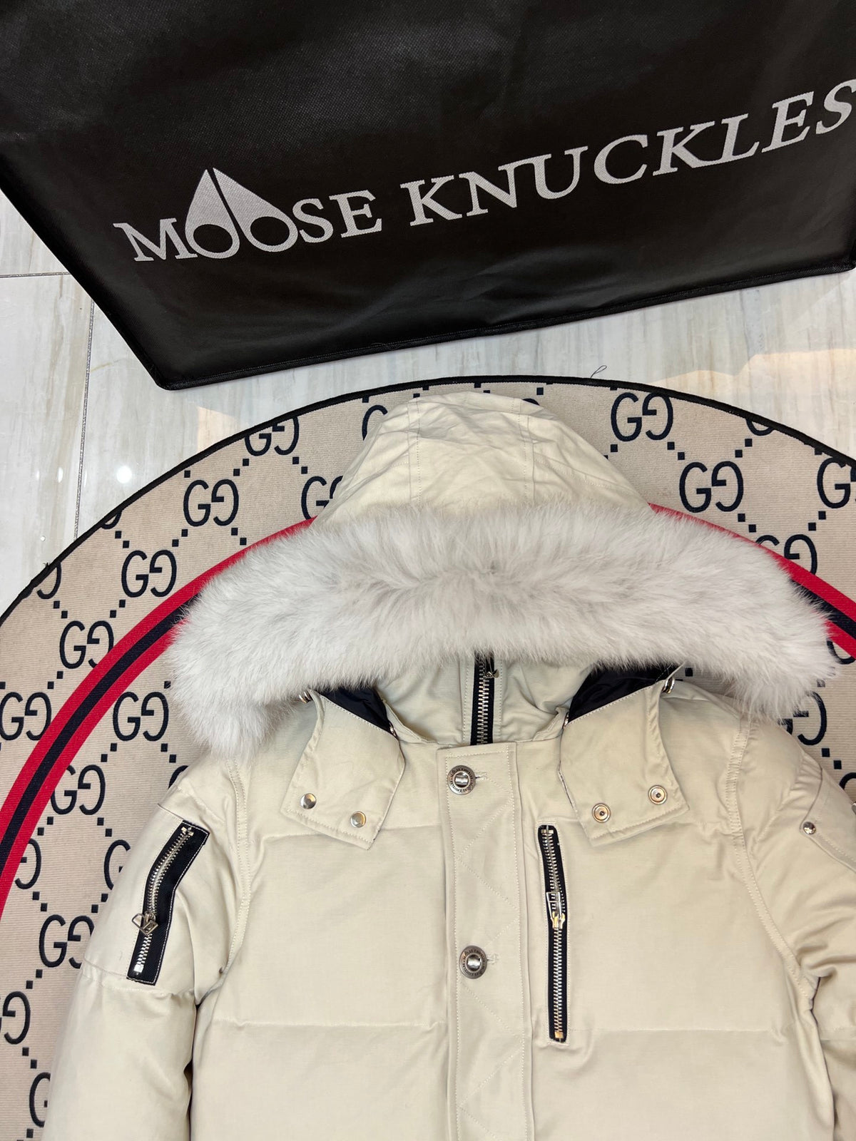Moose Knuckles Ivory Fur-Trim Hooded Puffer Jacket