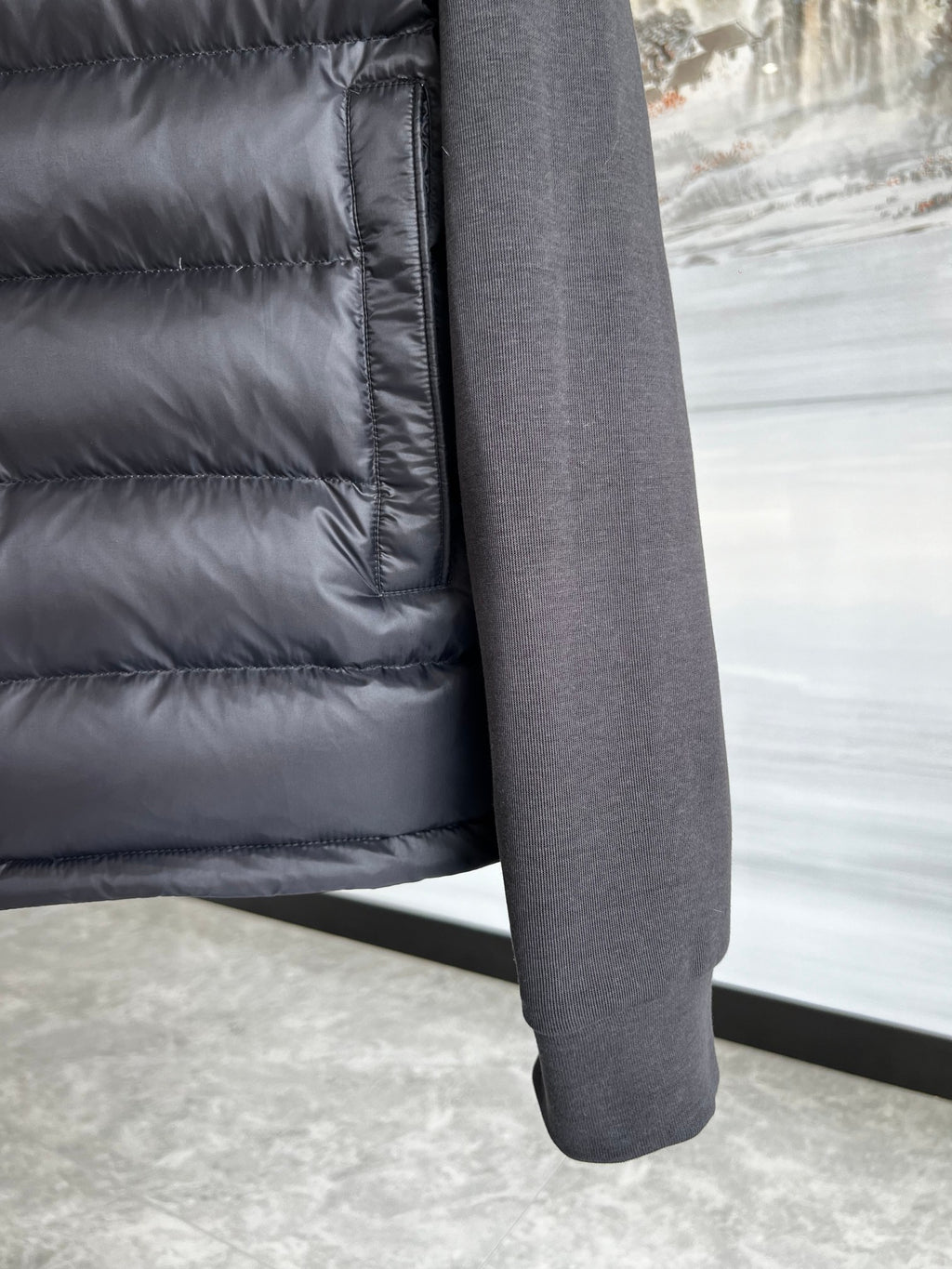 Moncler Black and White Stripe Quilted Front Hooded Jacket