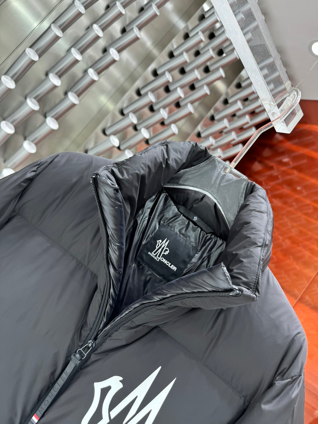 Moncler Black Graphic Logo Stand Collar Puffer Jacket