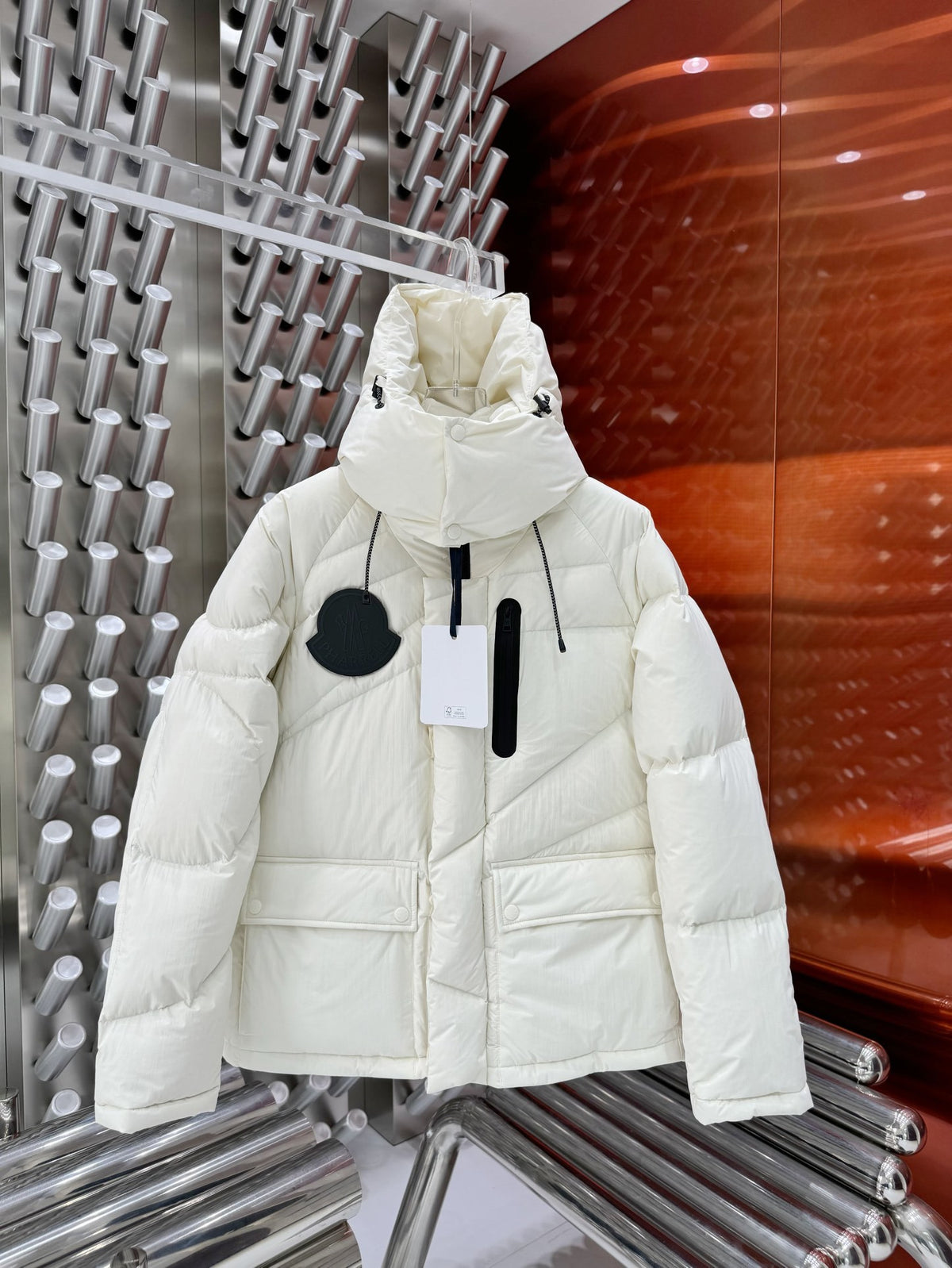 Moncler White Black Patch Asymmetric Quilted Hooded Puffer Jacket
