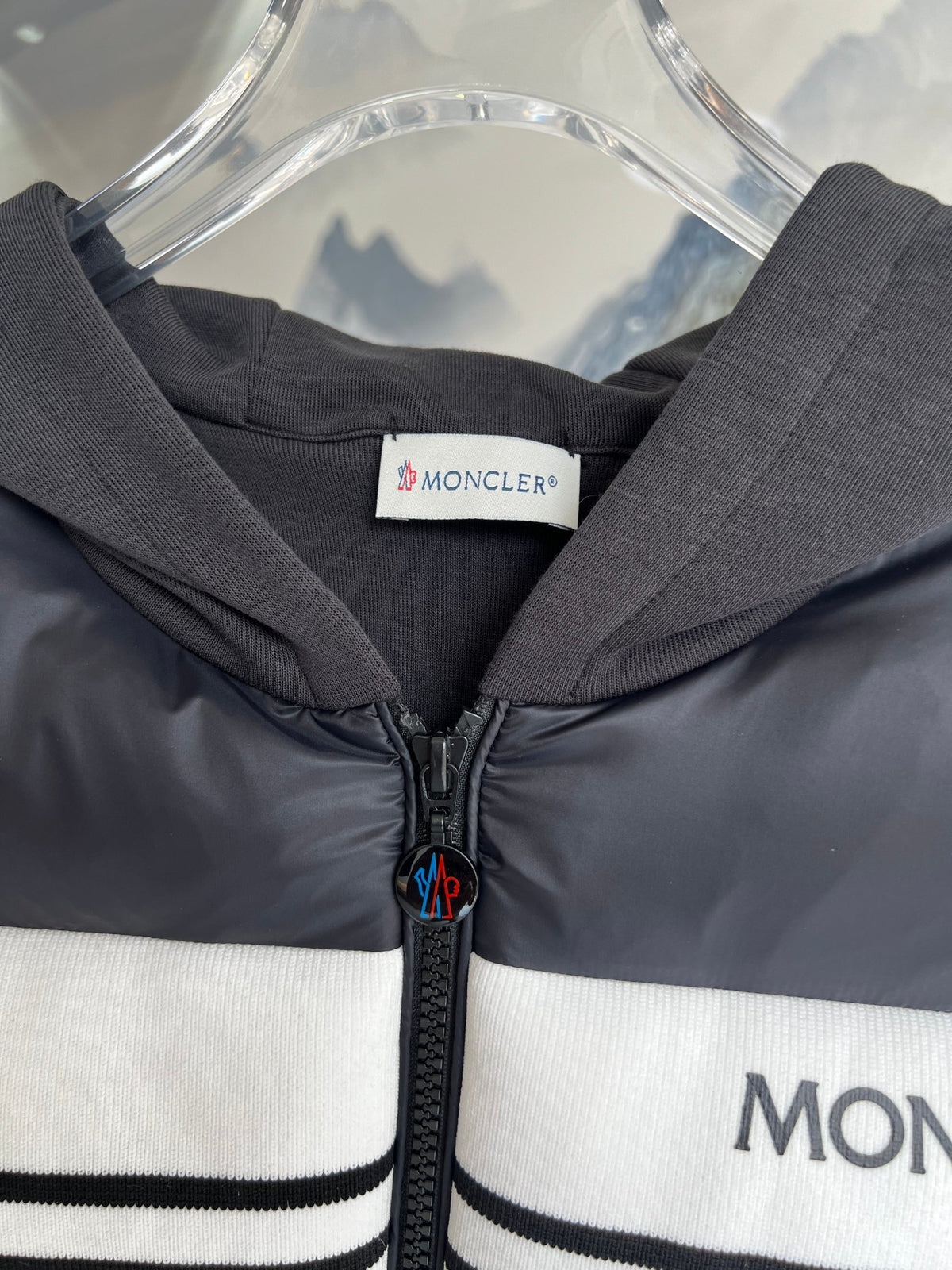 Moncler Black and White Stripe Quilted Front Hooded Jacket