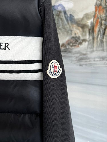 Moncler Black and White Stripe Quilted Front Hooded Jacket