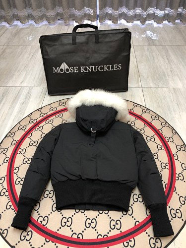 Moose Knuckles Black Pom-Pom Hooded Bomber Jacket