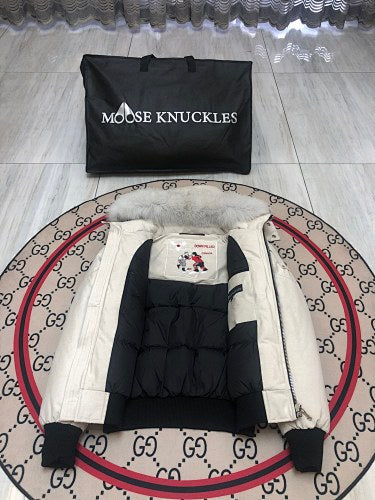Moose Knuckles Ivory Fur-Trim Hooded Bomber Jacket