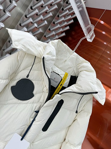 Moncler White Black Patch Asymmetric Quilted Hooded Puffer Jacket