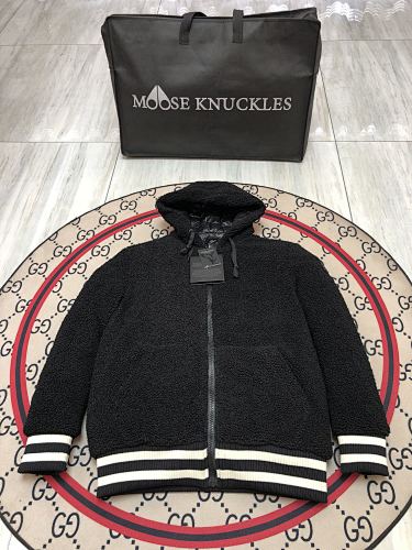 Moose Knuckles Black Teddy Hooded Jacket with Striped Trim