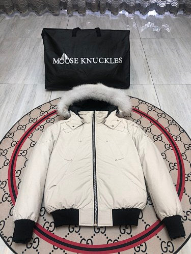 Moose Knuckles Ivory Fur-Trim Hooded Bomber Jacket