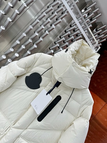 Moncler White Black Patch Asymmetric Quilted Hooded Puffer Jacket