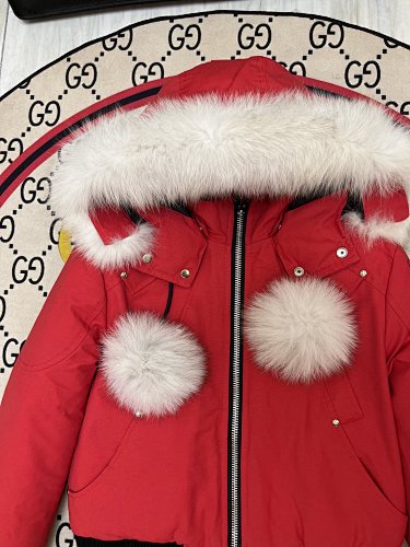 Moose Knuckles Red Pom-Pom Hooded Bomber Jacket