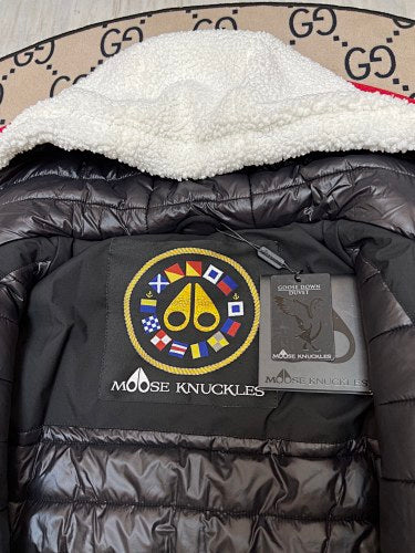 Moose Knuckles White and Black Teddy Hooded Jacket