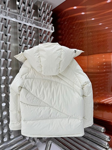 Moncler White Black Patch Asymmetric Quilted Hooded Puffer Jacket