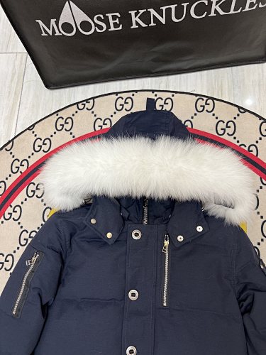 Moose Knuckles Navy Blue Fur-Trim Hooded Puffer Jacket