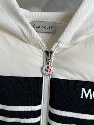 Moncler White and Black Stripe Quilted Front Hooded Jacket