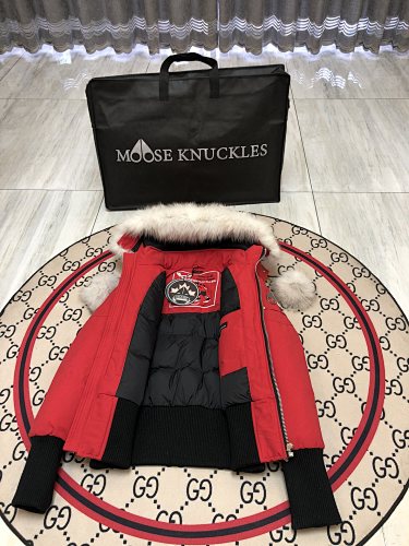 Moose Knuckles Red Pom-Pom Hooded Bomber Jacket