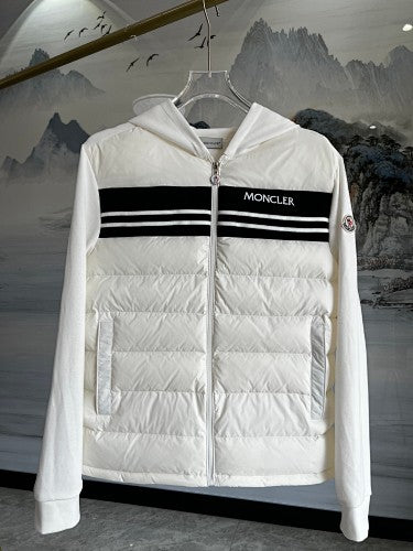 Moncler White and Black Stripe Quilted Front Hooded Jacket