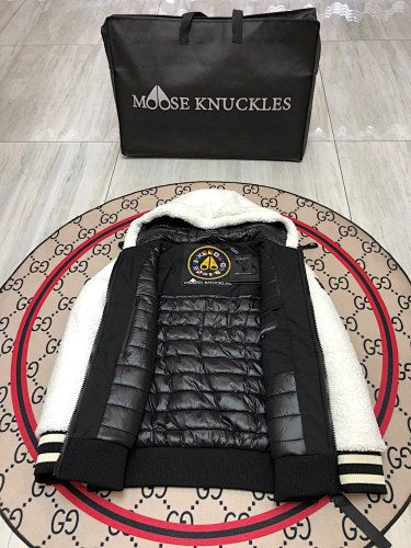Moose Knuckles White and Black Teddy Hooded Jacket