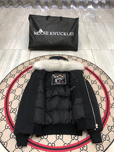 Moose Knuckles Black Fur-Trim Hooded Bomber Jacket