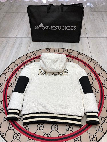 Moose Knuckles White and Black Teddy Hooded Jacket