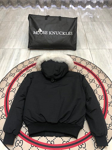 Moose Knuckles Black Fur-Trim Hooded Bomber Jacket