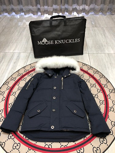 Moose Knuckles Navy Blue Fur-Trim Hooded Puffer Jacket