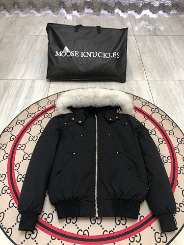 Moose Knuckles Black Fur-Trim Hooded Bomber Jacket