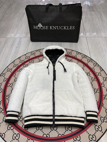 Moose Knuckles White and Black Teddy Hooded Jacket