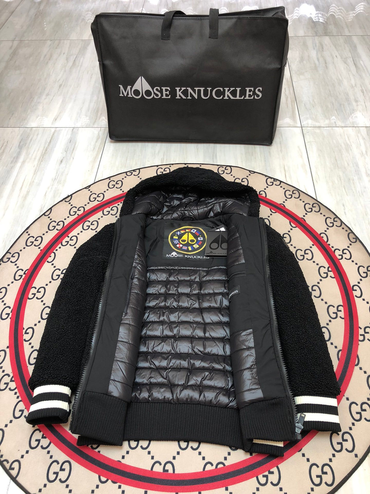 Moose Knuckles Black Teddy Hooded Jacket with Striped Trim
