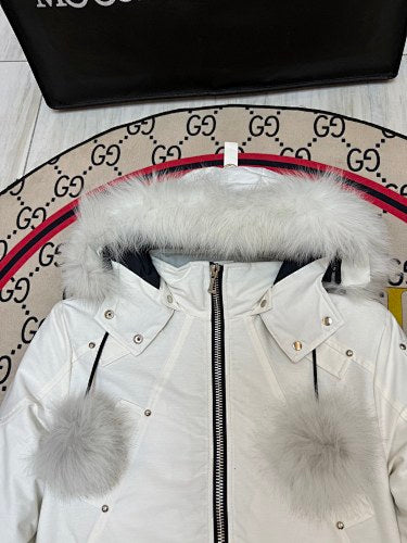 Moose Knuckles Ivory Pom-Pom Hooded Bomber Jacket