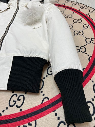 Moose Knuckles Ivory Pom-Pom Hooded Bomber Jacket