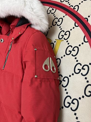 Moose Knuckles Red Fur-Trim Hooded Puffer Jacket