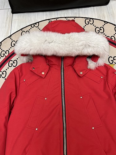 Moose Knuckles Red Fur-Trim Hooded Bomber Jacket