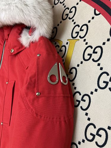 Moose Knuckles Red Fur-Trim Hooded Bomber Jacket