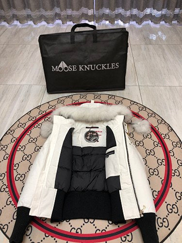 Moose Knuckles Ivory Pom-Pom Hooded Bomber Jacket