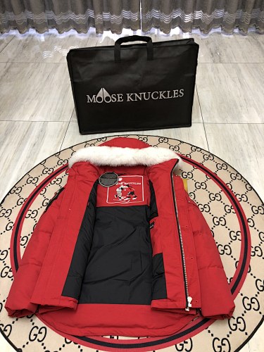 Moose Knuckles Red Fur-Trim Hooded Puffer Jacket