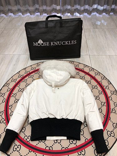 Moose Knuckles Ivory Pom-Pom Hooded Bomber Jacket