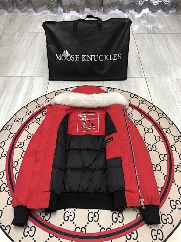 Moose Knuckles Red Fur-Trim Hooded Bomber Jacket
