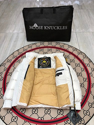 Moose Knuckles White Glossy Stand Collar Puffer Jacket