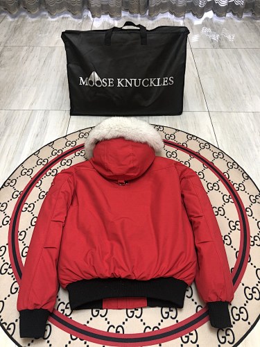 Moose Knuckles Red Fur-Trim Hooded Bomber Jacket