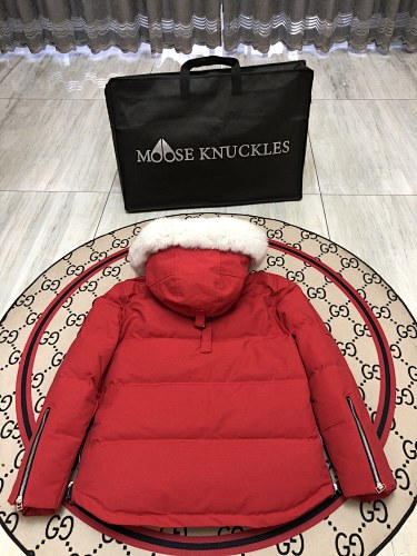Moose Knuckles Red Fur-Trim Hooded Puffer Jacket