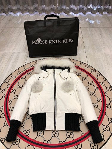 Moose Knuckles Ivory Pom-Pom Hooded Bomber Jacket