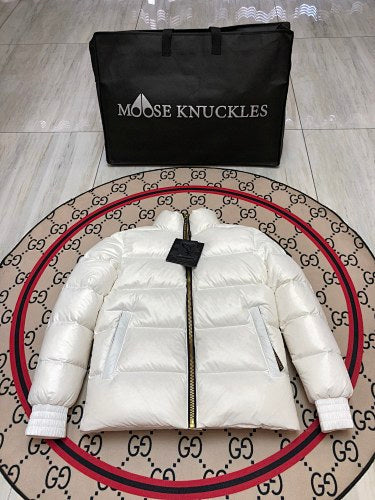 Moose Knuckles White Glossy Stand Collar Puffer Jacket