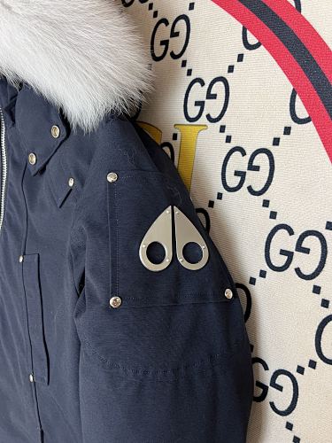 Moose Knuckles Navy Blue Fur-Trim Hooded Bomber Jacket