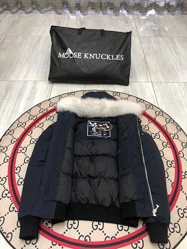 Moose Knuckles Navy Blue Fur-Trim Hooded Bomber Jacket