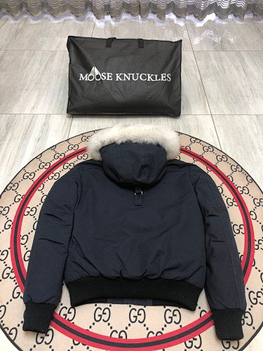 Moose Knuckles Navy Blue Fur-Trim Hooded Bomber Jacket