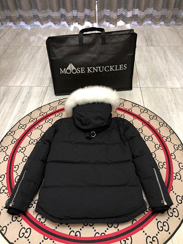 Moose Knuckles Black Fur-Trim Hooded Puffer Jacket