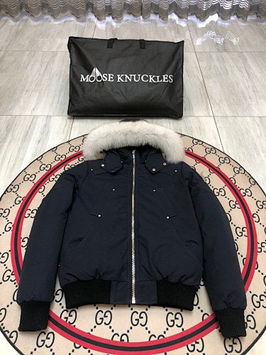 Moose Knuckles Navy Blue Fur-Trim Hooded Bomber Jacket