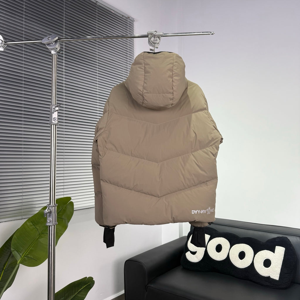Moncler Taupe Beige Graphic Logo Hooded Puffer Jacket