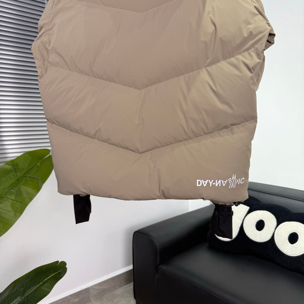 Moncler Taupe Beige Graphic Logo Hooded Puffer Jacket
